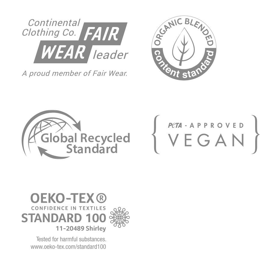 Supplier certification marks: Fair Wear leader, Organic Blended Content Standard, Global Recycled Standard, PETA-Approved Vegan and OEKO-TEX Standard 100